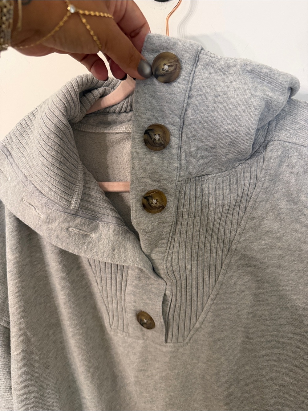 aerie Best Button Light Gray Funnel Collar Pullover with Button - Picture 3 of 5